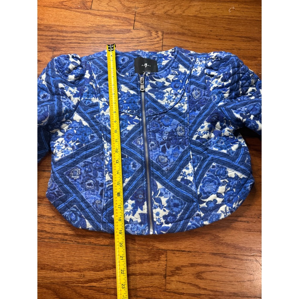 7 For All Mankind Blue Floral Quilted Cropped Zip Jacket Womens Medium coquette - Picture 5 of 6